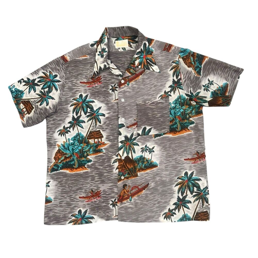 Vintage KINGS ROAD Hawaiian Button Tiki Shirt Tropical Hawaii Island Size Large
